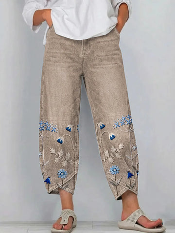 Women's Floral Embroidered Wide Leg Trousers Cropped