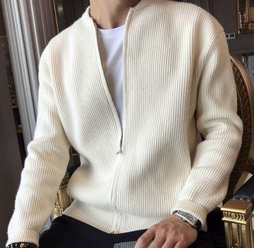 Men's Full Zip Ribbed Knit Cardigan with Stand-Up Collar