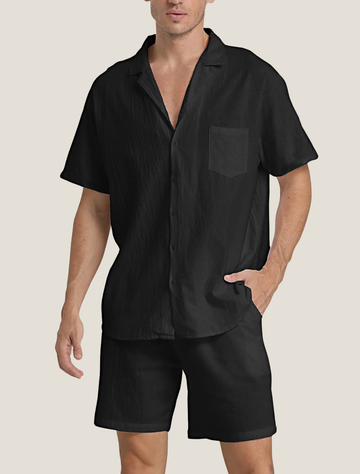 Men’s Lightweight Two Piece Summer Set with Short Sleeve Button Shirt and Drawstring Shorts
