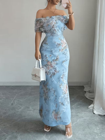 Women's Embroidered Off Shoulder Maxi Dress - Short Sleeve Evening