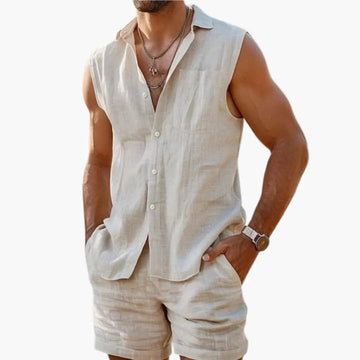 Men's Two-Piece Set - Sleeveless Collar Shirt - Button Front - Shorts