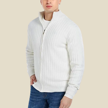 Men's Zip-Up Ribbed Knit Cardigan with Stand Collar