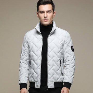 Men's Quilted Puffer Jacket with Stand Collar and Zip Pockets