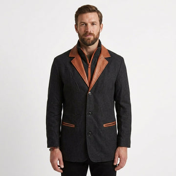 Men's Faux Leather Blazer Jacket with Button Front and Contrast Collar