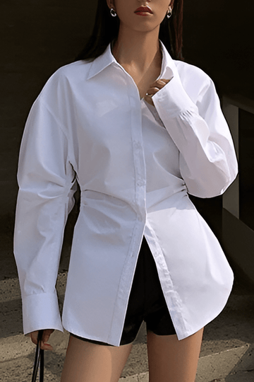 Women’s Tailored Long Sleeve Blouse with Defined Waist and Classic Collar