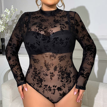 Women's Plus Size Long Sleeve Mock Neck Mesh Bodysuit with Underwire