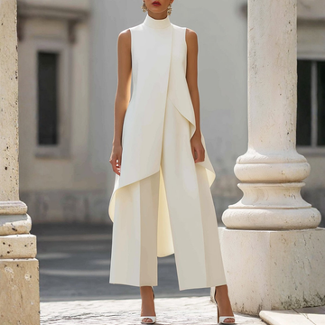 Women’s Two Piece Set with Asymmetric Mock Neck Top and Wide Leg Trousers