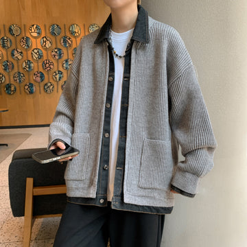 Men's Ribbed Knit Cardigan with Denim Trim Collar and Button Front