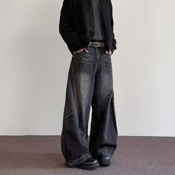 Men's Wide Leg Distressed Denim Jeans with Zip Fly and Whisker Fading