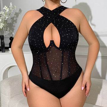 Women's Plus Size Sleeveless Cross Halter Neck Cutout Sequin Mesh Bodysuit