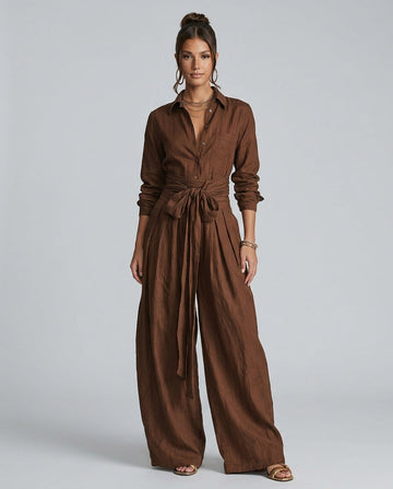 Women's Linen Jumpsuit Wide Leg Button-Front