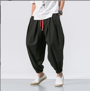 Men's Cotton Blend Harem Trousers with Elastic Cuffs