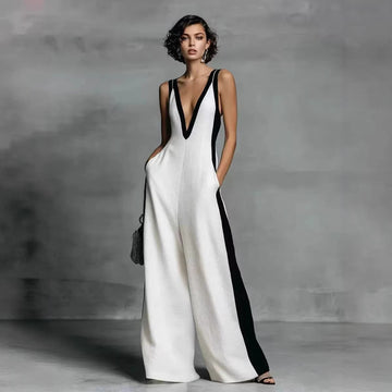 Women's Colour-Block Jumpsuit Wide Leg V-Neck
