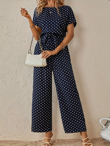 Women's Navy Polka Dot Wide-Leg Tie-Waist Jumpsuit