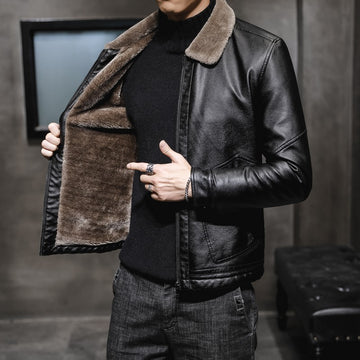 Men's Faux Leather Jacket with Faux Fur Collar and Plush Lined Zip Front
