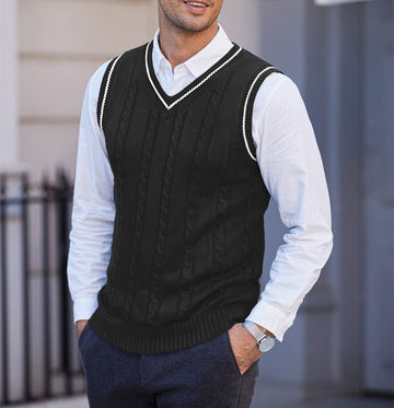 Men's Cable Knit V-Neck Waistcoat with Contrast Tipping