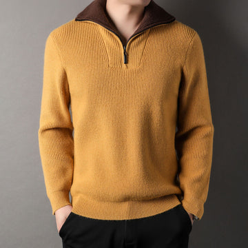 Men's Quarter Zip Ribbed Knit Sweater with Contrast Collar Long Sleeve