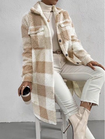 Women's Longline Check Teddy Coat with Flap Pockets and Button Front