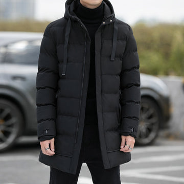Men's Long Puffer Jacket with Hood and Adjustable Toggle Cuffs