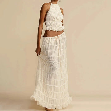 Women's White Tiered Ruffle Halter Neck Two Piece Maxi Skirt Set