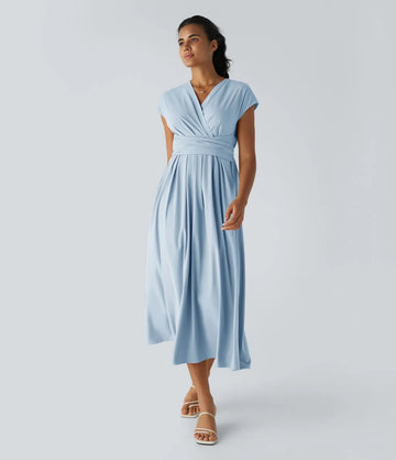 Women's Midi Dress Wrap Style V-Neck Short Sleeve High Waist