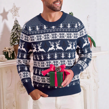 Men's Fair Isle Knit Crew Neck Sweater with Reindeer Motif