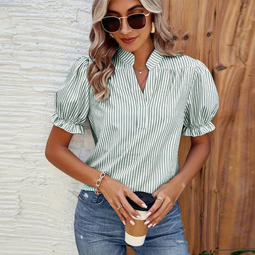 Women's Striped V-Neck Blouse with Puff Sleeves and Pleated Yoke