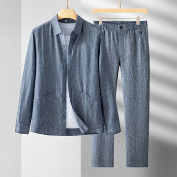 Men's Linen Blend Two-Piece Long Sleeve Shirt - Matching Trousers Set
