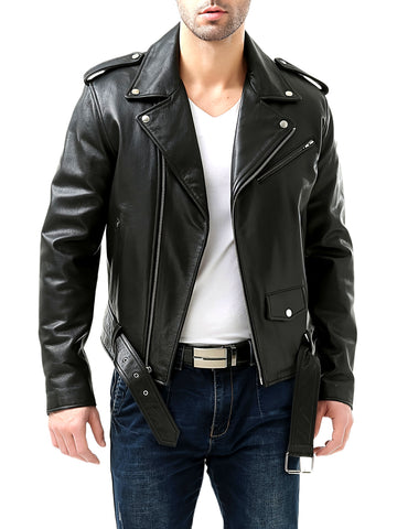 Men's Long Sleeve Notch Lapel Asymmetric Zip Belted Biker Jacket