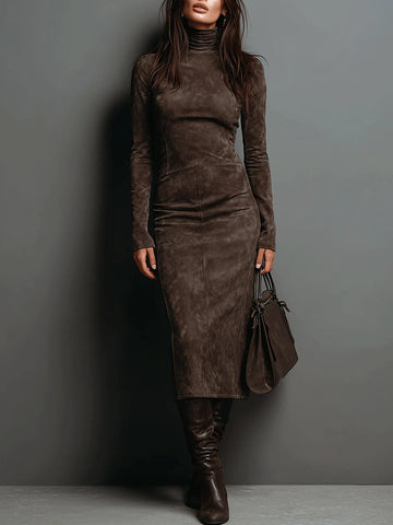 Women's Suede Bodycon Midi Dress