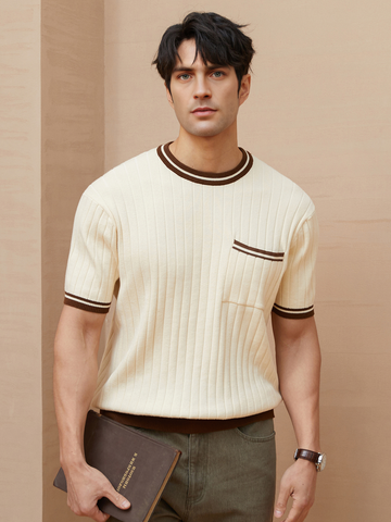 Men's Ribbed Knit Short-Sleeve Polo Tee with Striped Trim