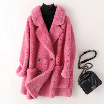 Women's Teddy Wool Double-Breasted Coat with Patch Pockets