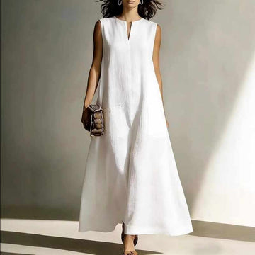 Women's Linen Maxi Dress Relaxed Fit V-Neck