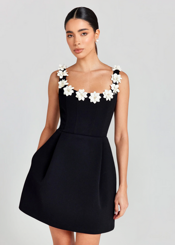 Women’s Floral Appliqué Strap Mini Dress with Flared Skirt