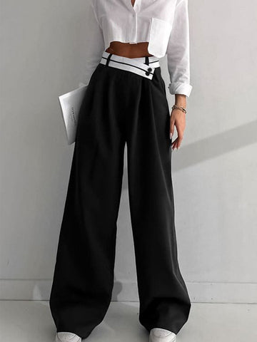Women's Wide Leg Trousers Contrast Waistband Pleated