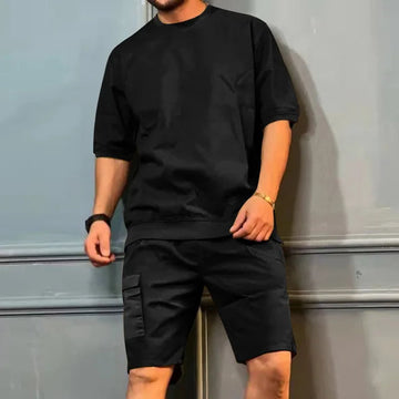 Men's Two-Piece Set - Short Sleeve Sweatshirt - Cargo Shorts