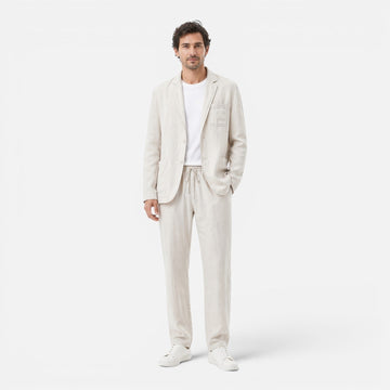 Men's Linen Two-Piece Suit Set - Notched Lapel Blazer - Elastic Waist