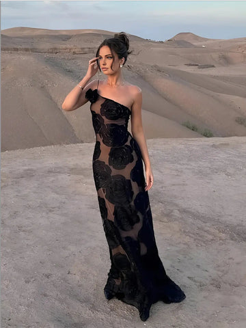 Women's Elegant One-Shoulder Maxi Dress - Floor-Length Fitted Formal Dress with Sheer Rose Detail