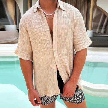 Men's Short Sleeve Shirt - Textured Crinkle Fabric - Button Front - Frayed Edges