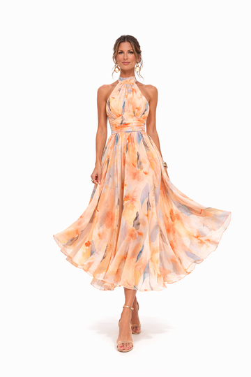 Women's Peach Floral Flowy Halter Neck Maxi Dress - Wedding Guest