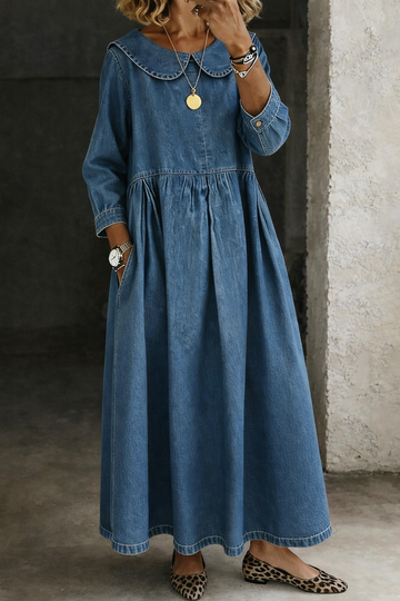 Women's Denim Maxi Dress Peter Pan Collar