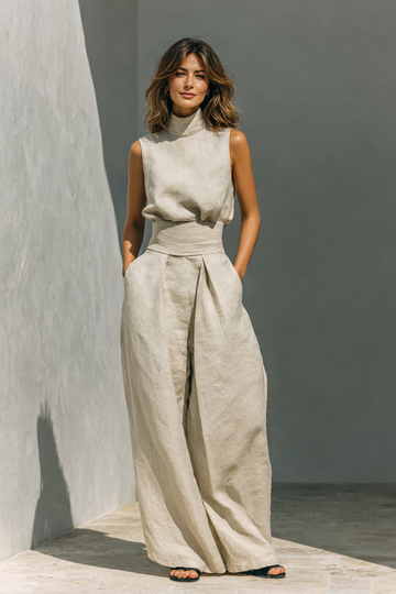 Women's Linen Two-Piece Set High Neck