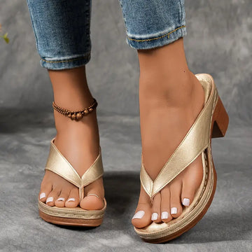 Women's Thong Platform Block Heels - V-Strap Toe Post Sandals