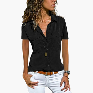 Women's Short Sleeve Shirt - Classic Collar - Chest Pockets - Button Up