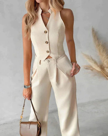 Women's Sleeveless Button-Front Waistcoat Wide Leg Trouser Set