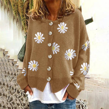 Cardigan femme en maille à motif marguerites et coupe décontractée