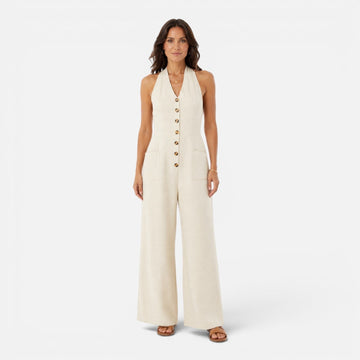 Women's Halter Jumpsuit - Wide Leg Button Front Sleeveless