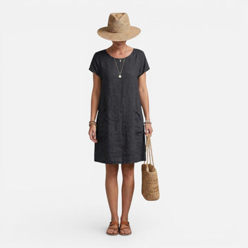 Women's Linen Short Sleeve Shift Midi Dress with Pockets