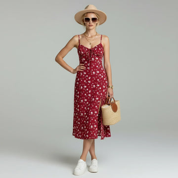 Women’s Floral Midi Dress with Spaghetti Straps and Front Slit