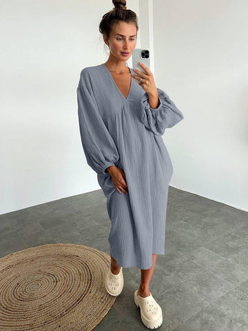 Women's Cotton Midi Dress V-Neck Relaxed Fit